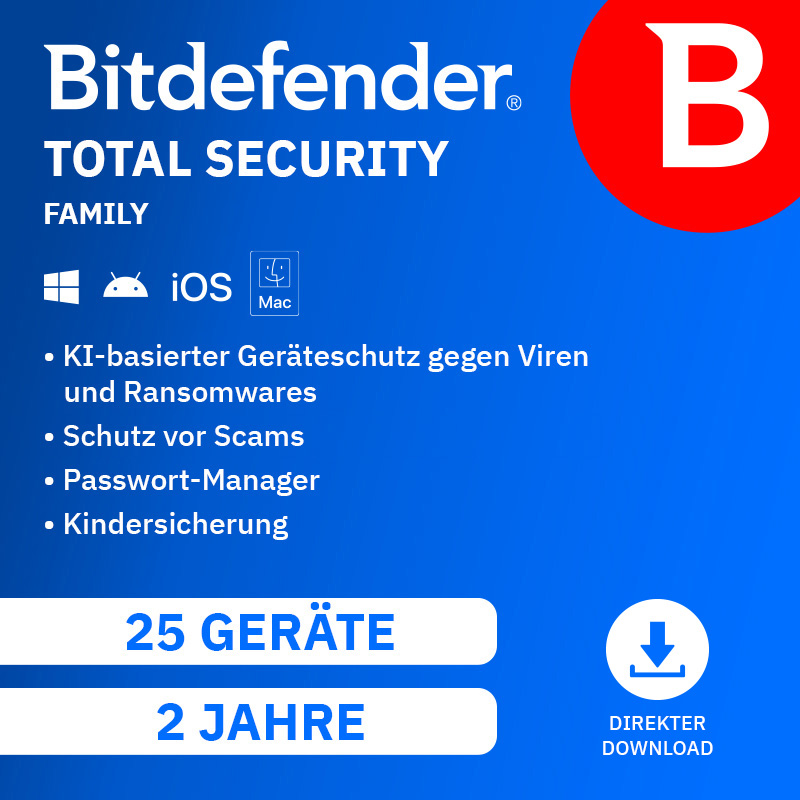 Bitdefender Total Security Family (25 Device + 5 User - 2 Jahre) DACH ESD